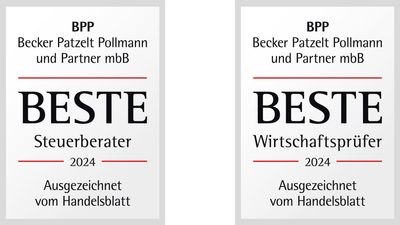 Siegel für die Auszeichnung "Bester Steuerberater 2024" (links) und für die Auszeichnung "Bester Wirtschaftsprüfer 2024" (rechts) an BPP